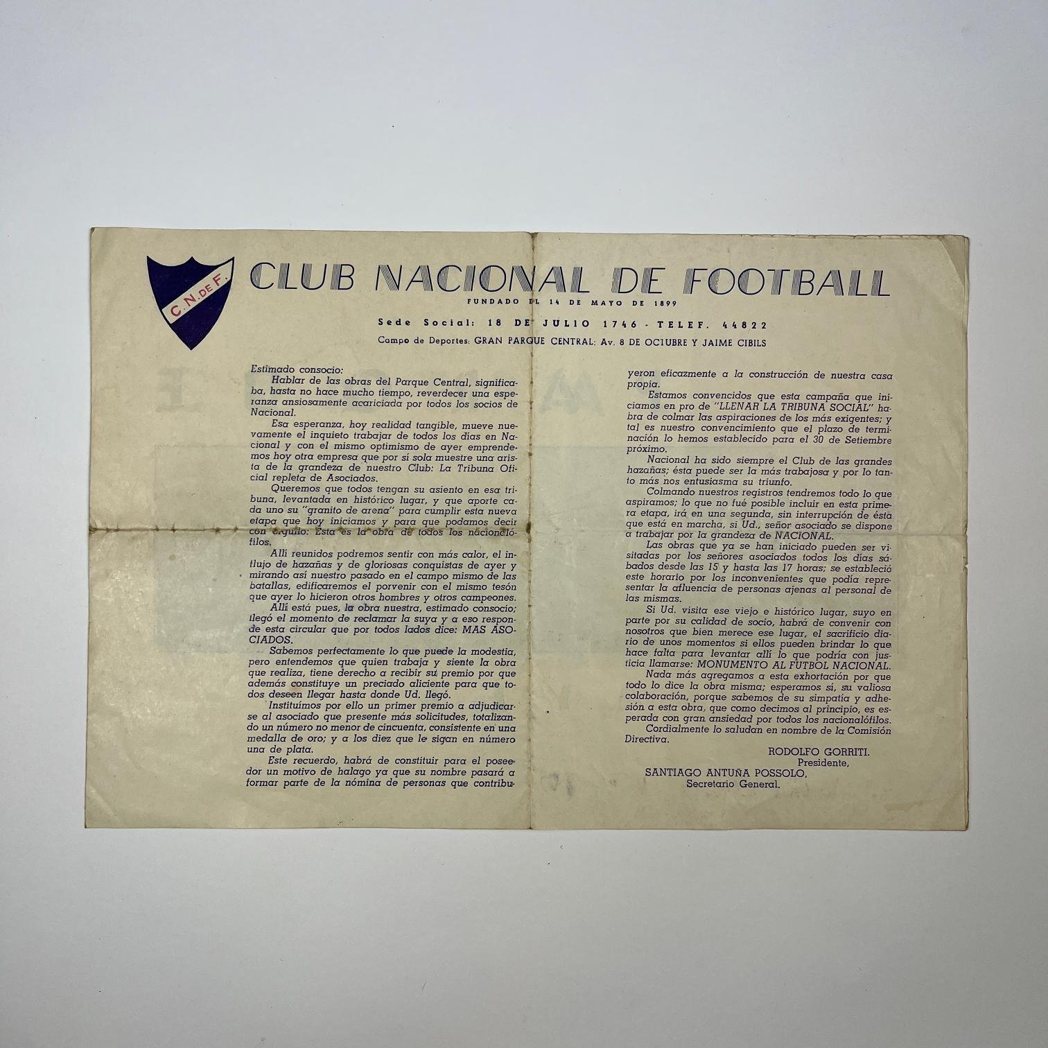 Folleto díptico Club Nacional de Football inicios de las obras del nuevo Gran Parque Central