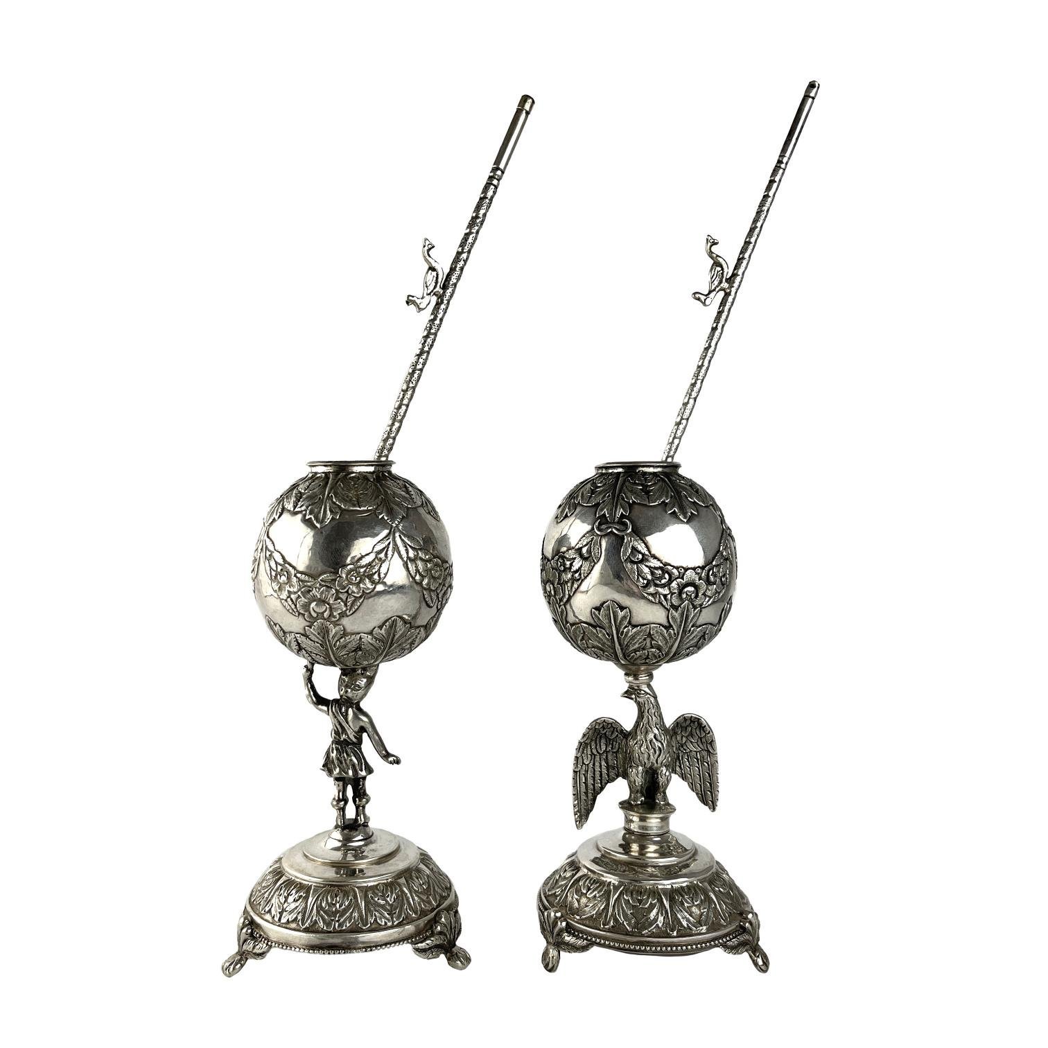 2 mates en plata S. XIX con bombillas en plata y oro