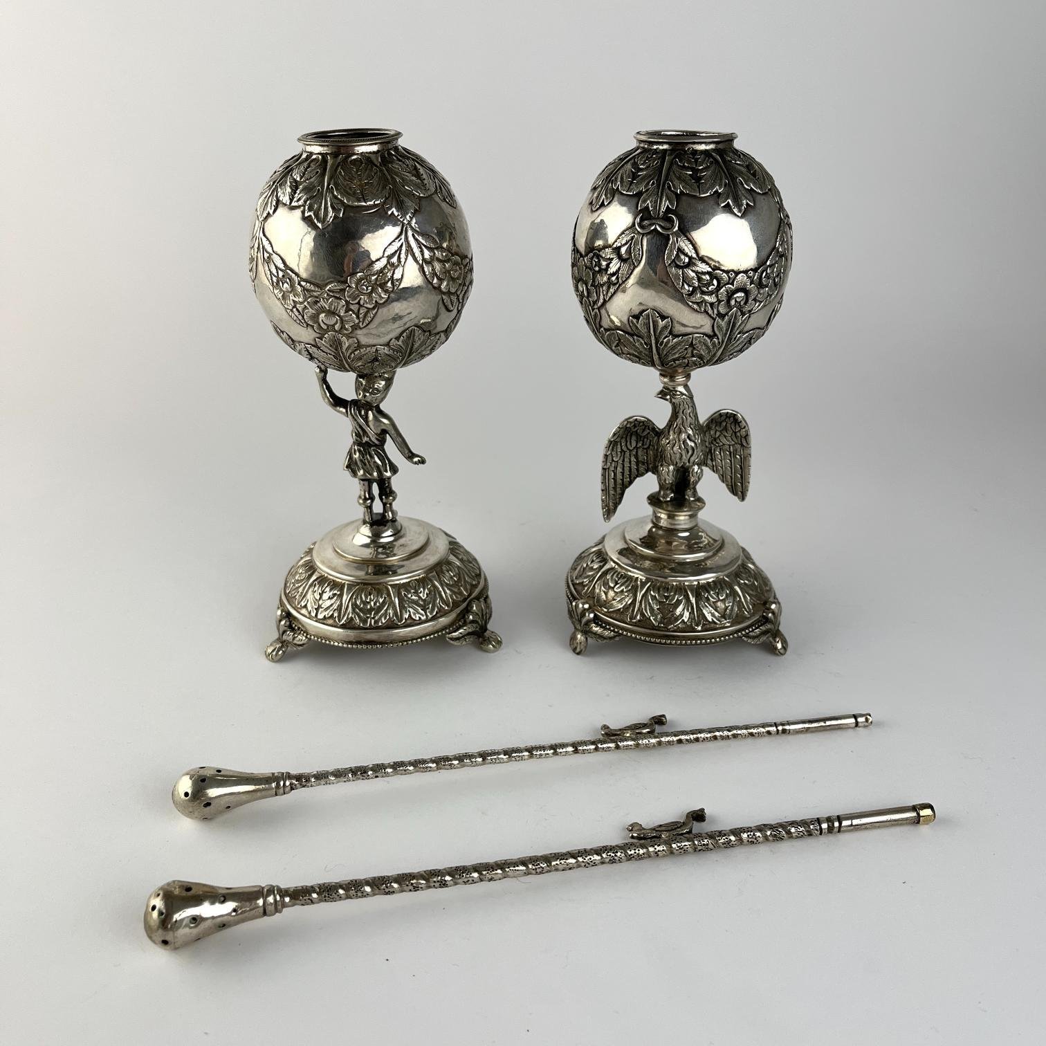 2 mates en plata S. XIX con bombillas en plata y oro - Imagen 3