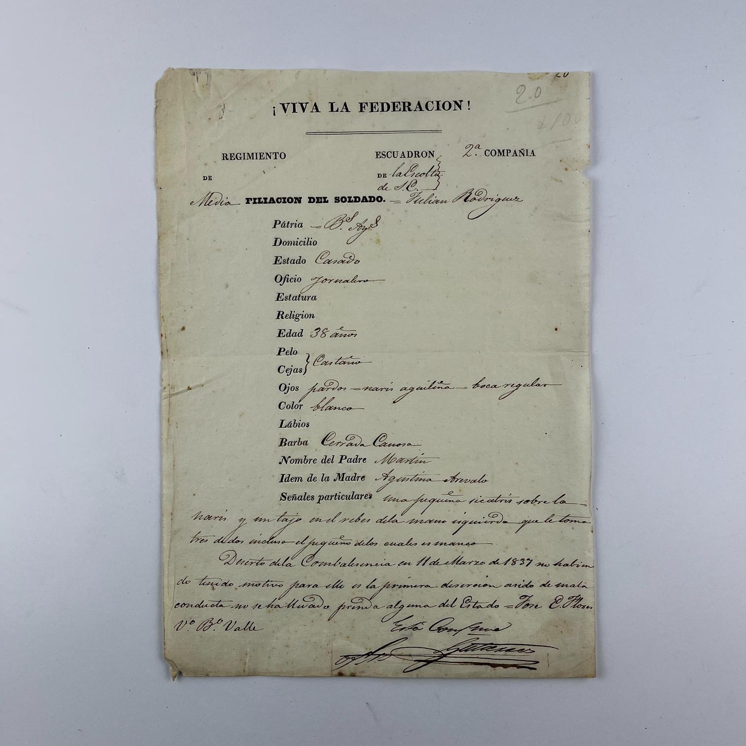 Documento Viva la Federación 1837