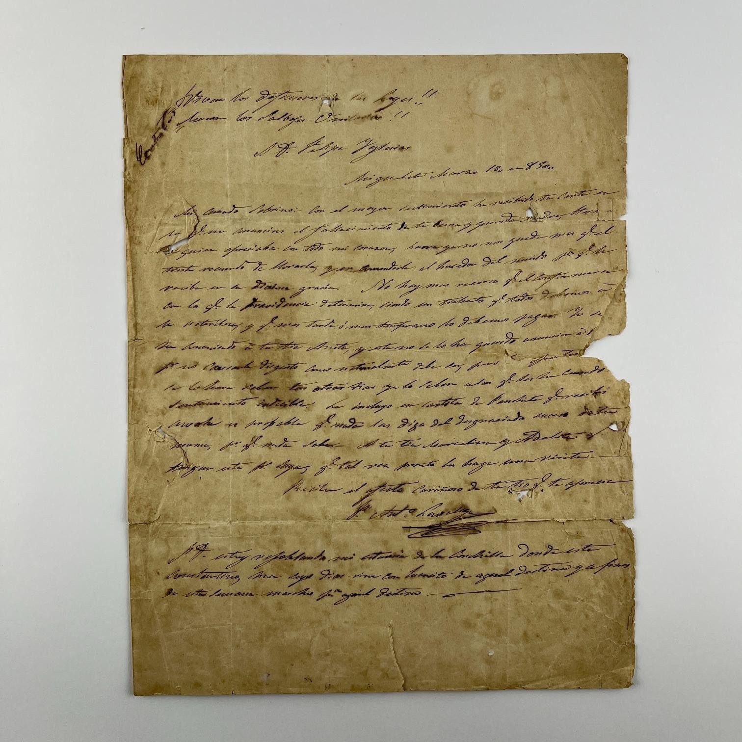 Carta de Juan Antonio Lavalleja a su sobrino 1850