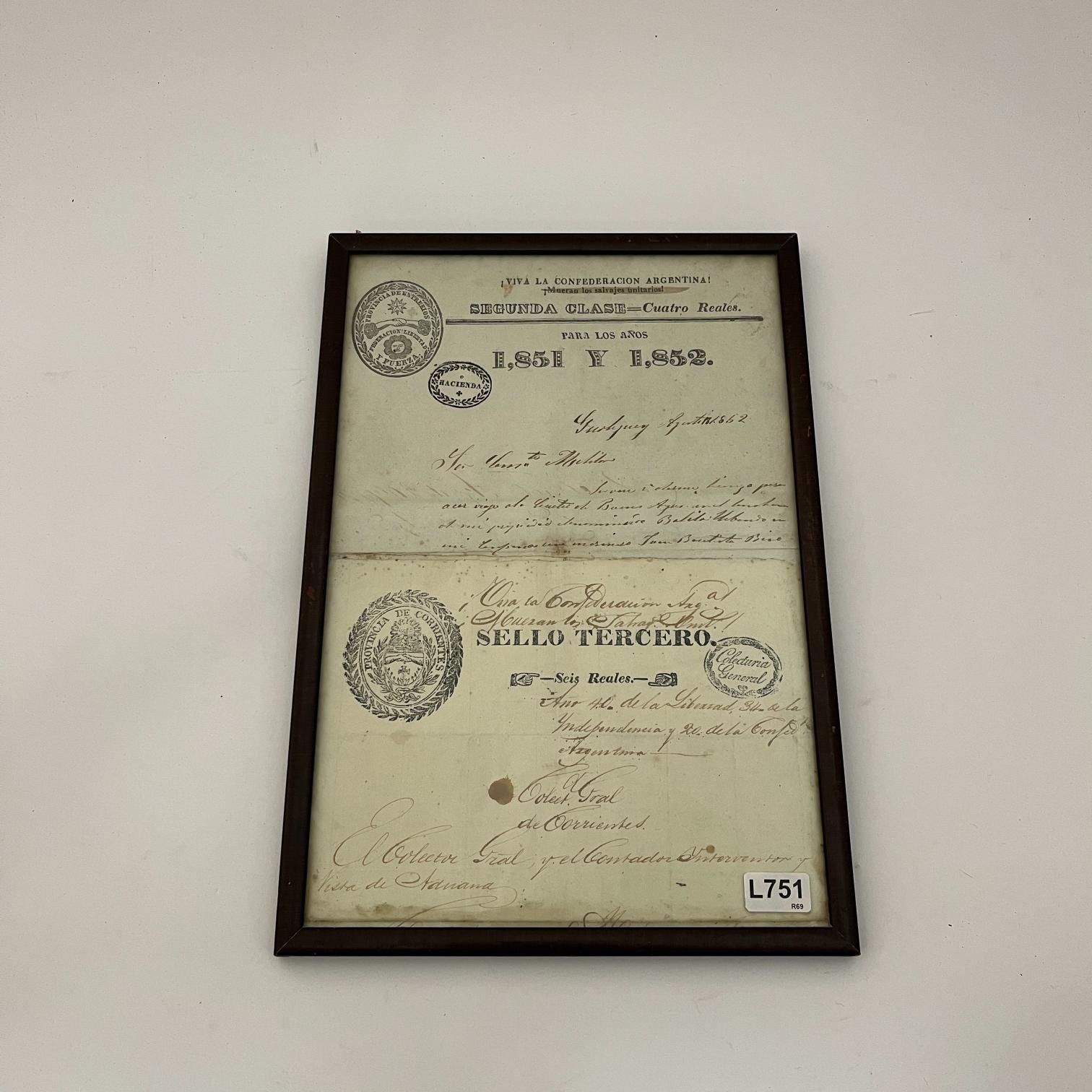 Documento “¡Viva la Confederación Argentina! ¡Mueran los salvajes unitarios!” y  dos bonos  años 1851 y 1852