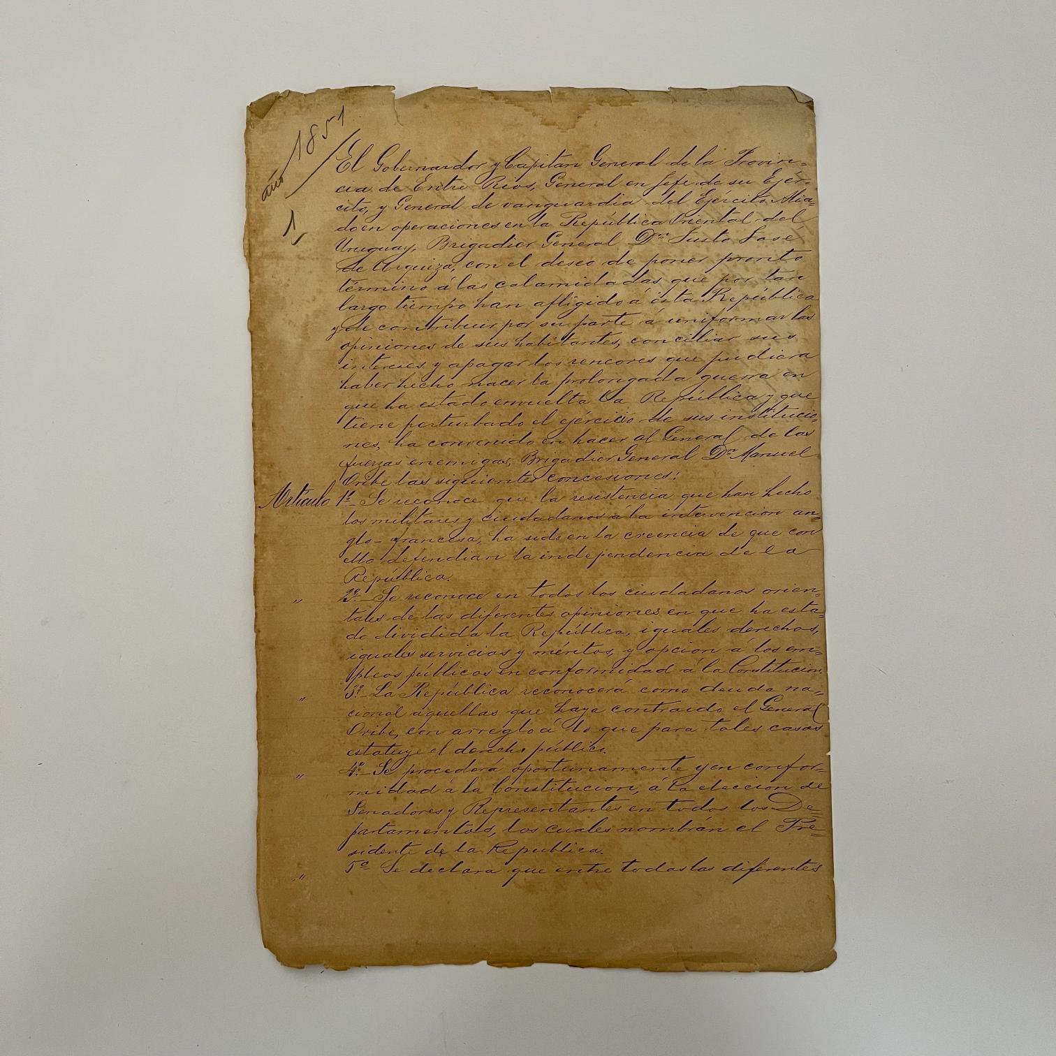 Manuscrito de transcripción de la Paz del 8 de octubre de 1851 firmada por Urquiza