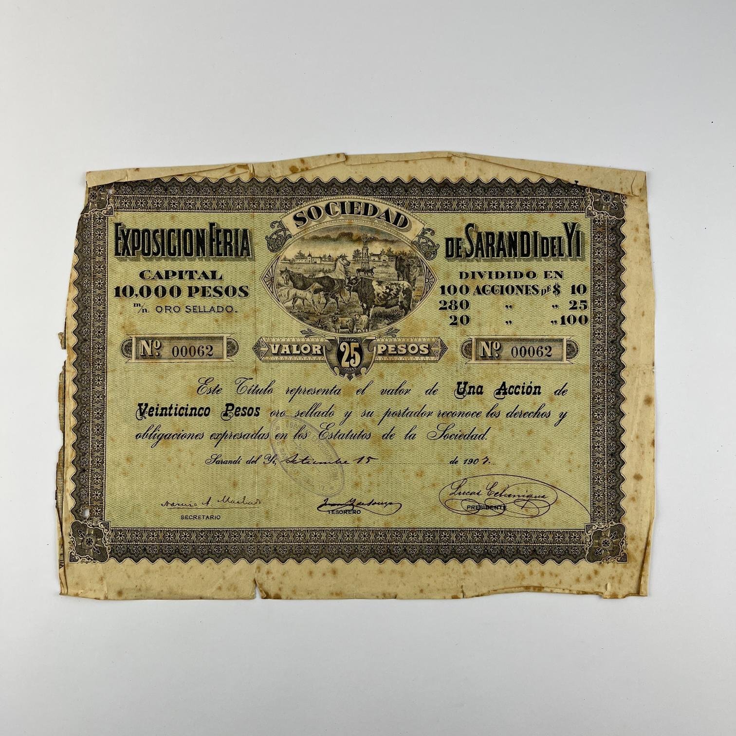 Acción 25 pesos Sociedad Exposición Feria de Sarandí del Yí 1907