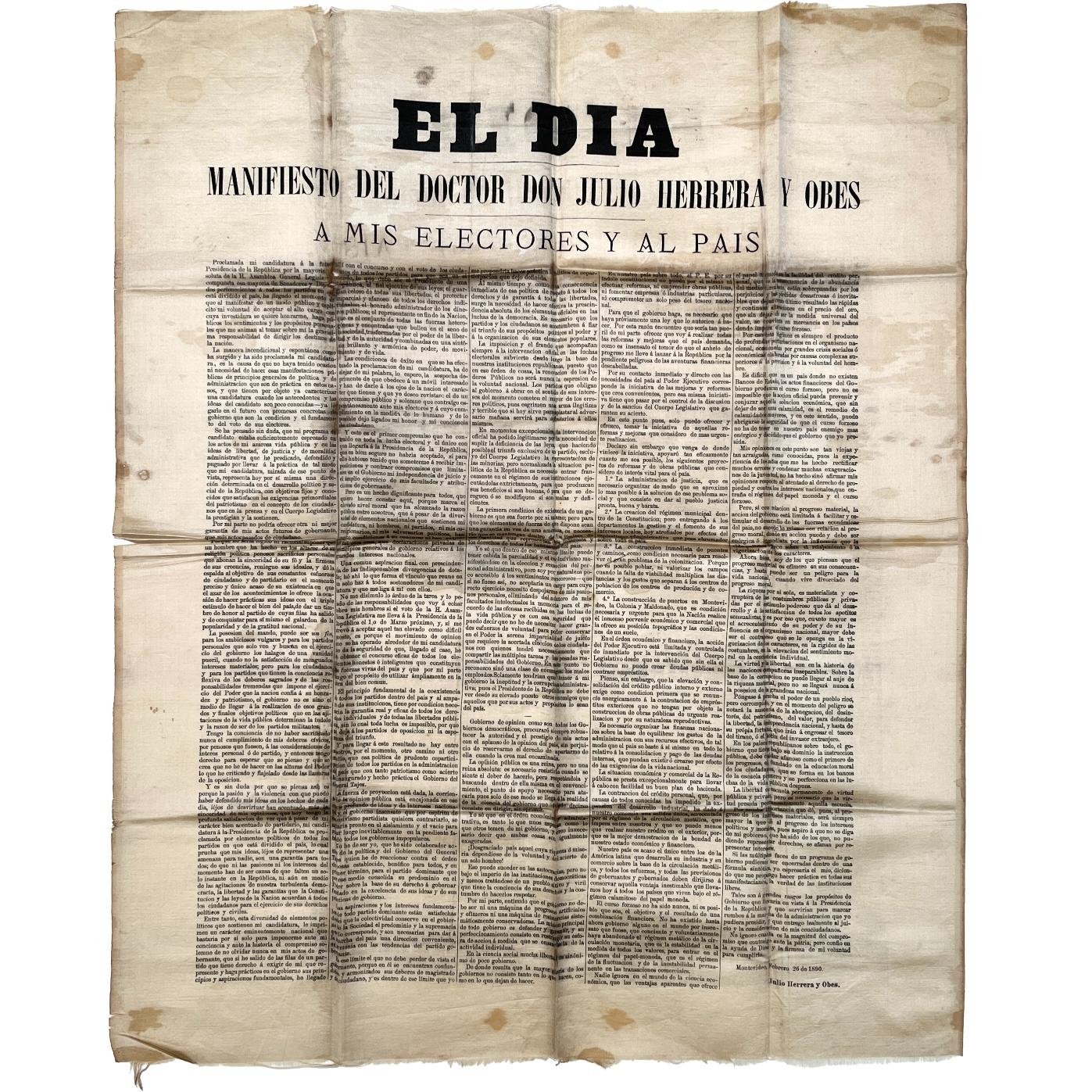 Manifiesto de Julio Herrera y Obes en seda para el diario El Día 1890