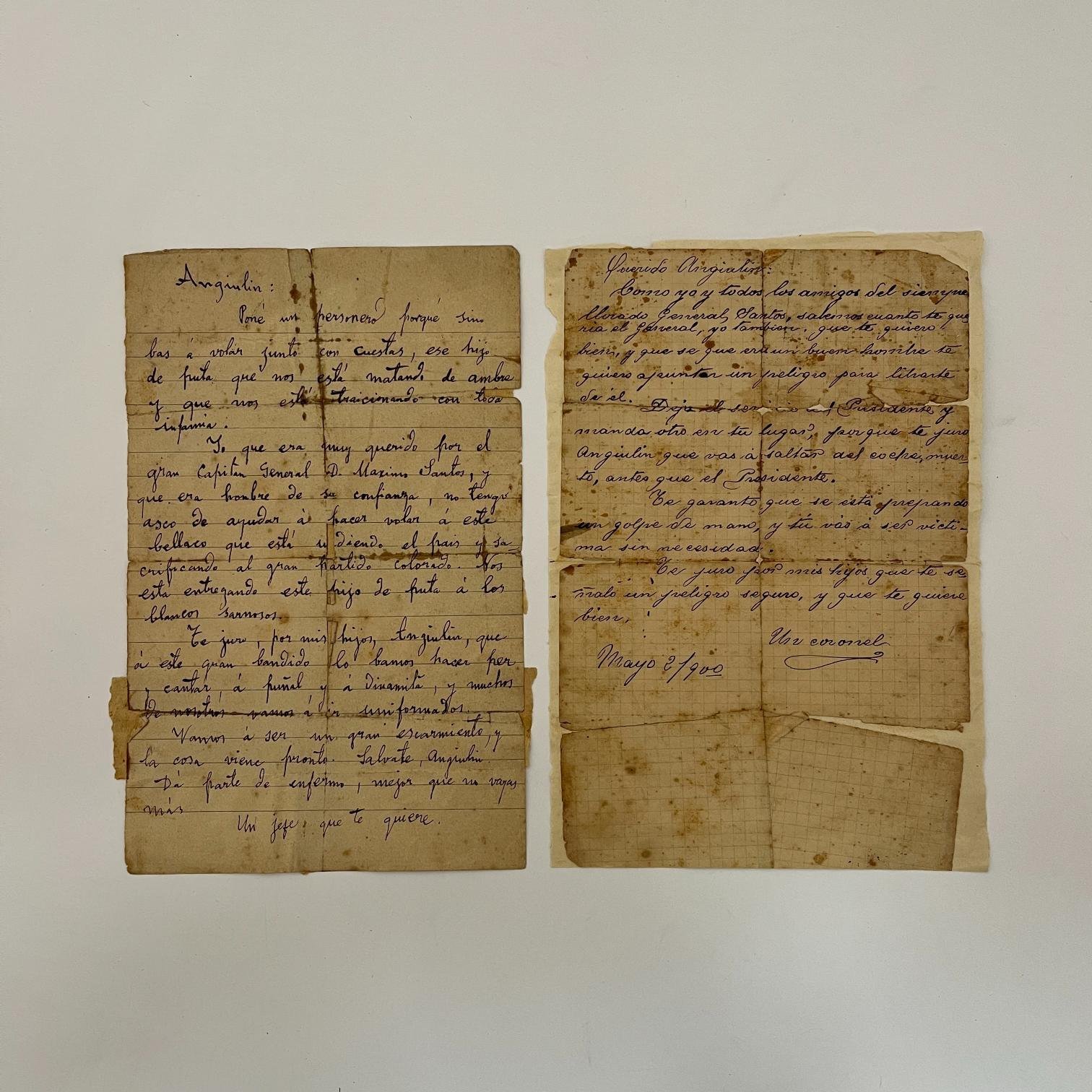 2 cartas de amenaza de atentado al cochero de Juan Lindolfo Cuestas