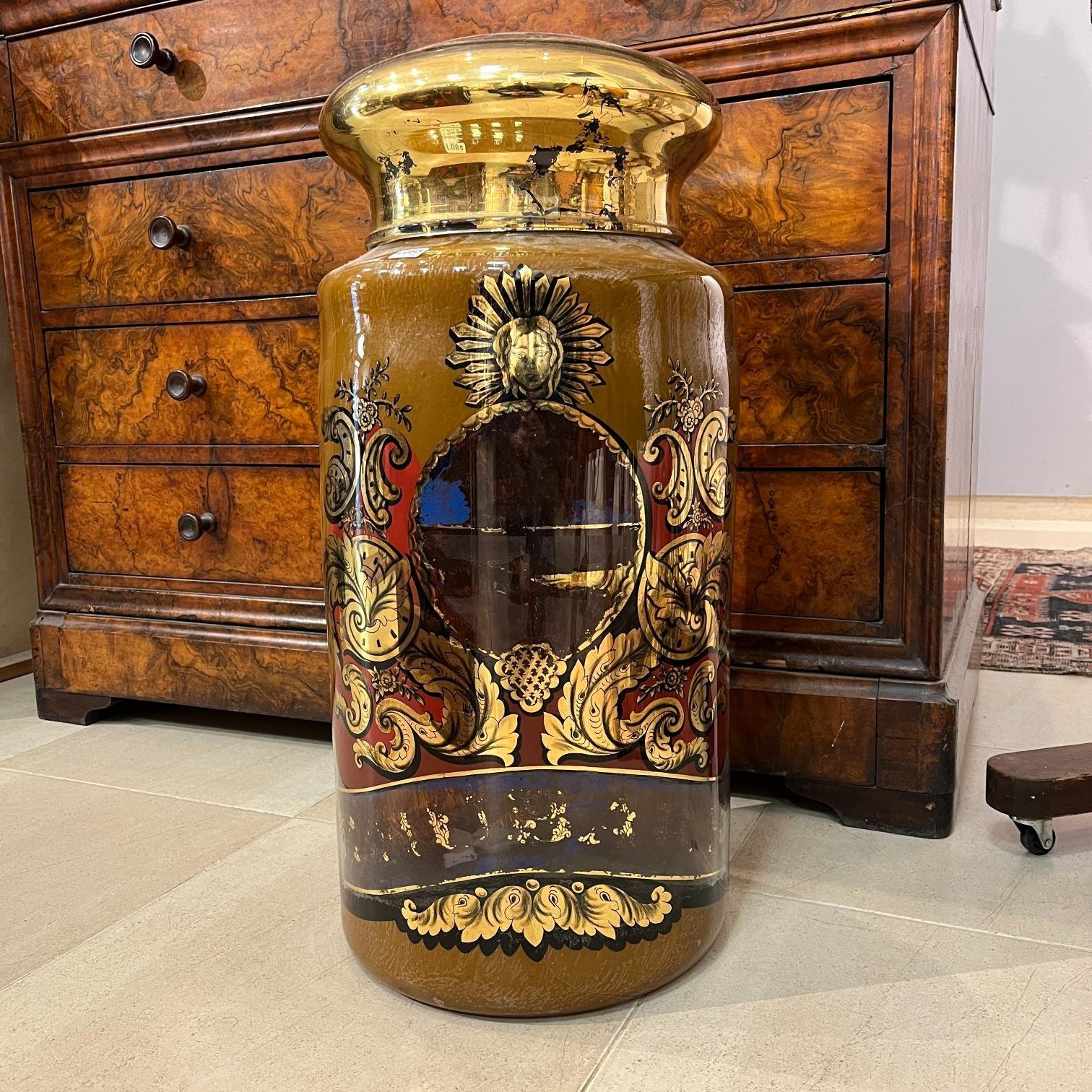 Frasco de farmacia alto 68 cm vidrio esmalte y oro