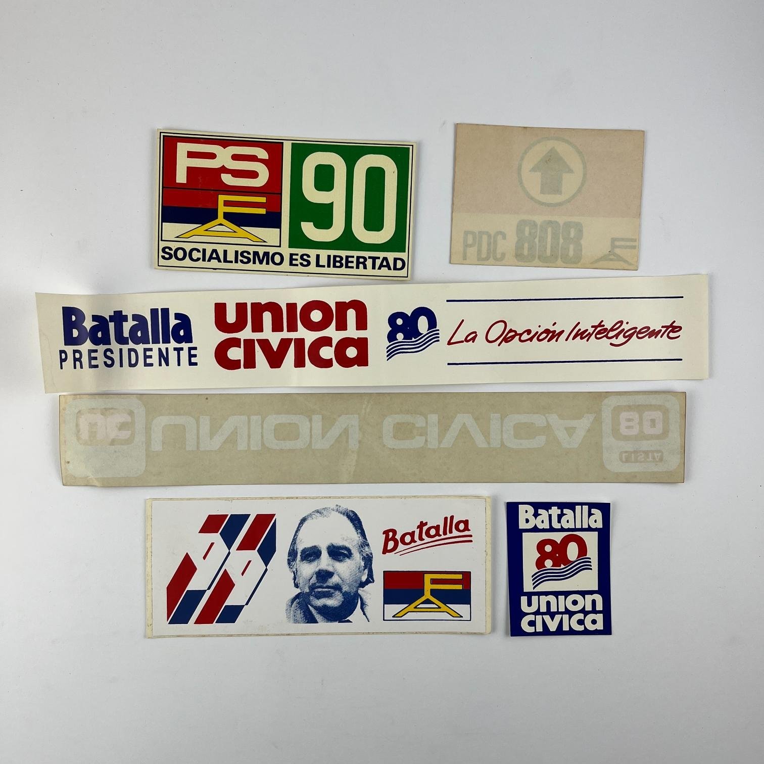 6 adhesivos electorales Frente Amplio Unión Cívica Hugo Batalla 1984 1989