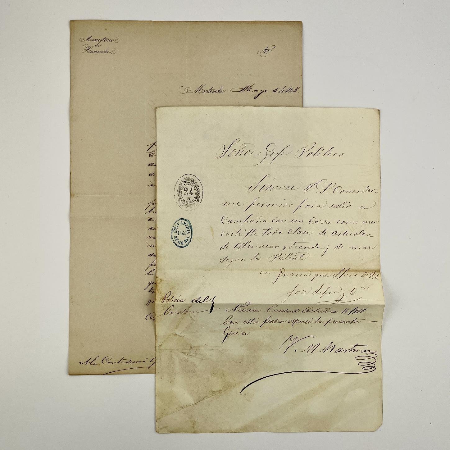 Sendos documentos históricos referidos a la actividad económica. 1866 y 1868. 
 A) Pedido de Guía para salir de campaña “como mercachifle”. 
B) Manuscrito del Ministro de Hacienda
