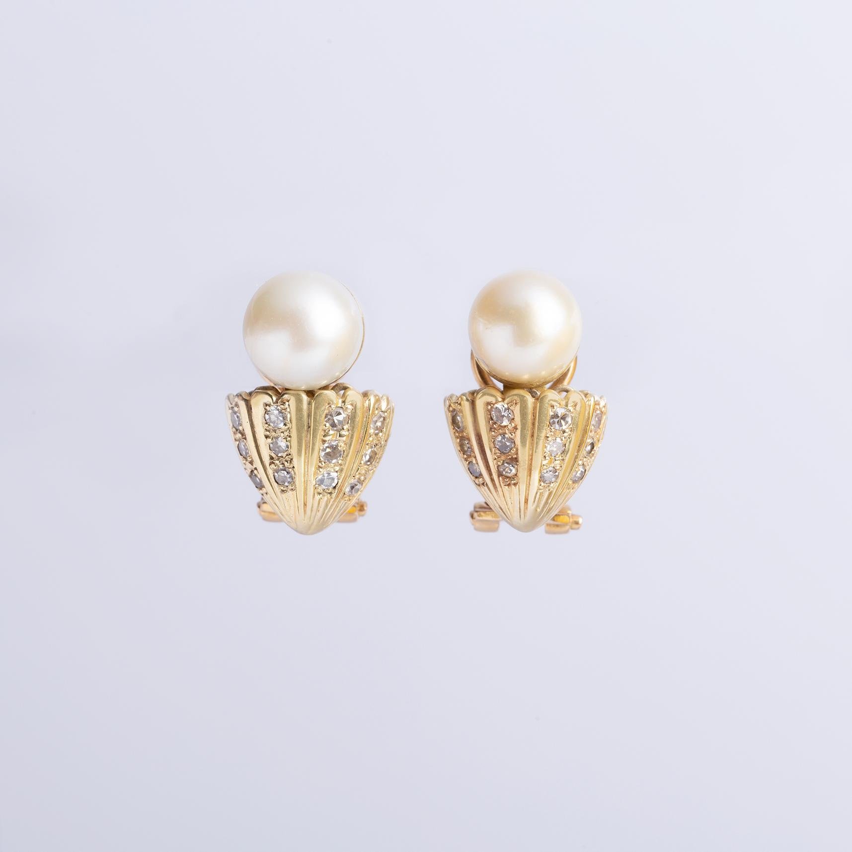 Caravanas oro 18 K amarillo , perla y diamantes