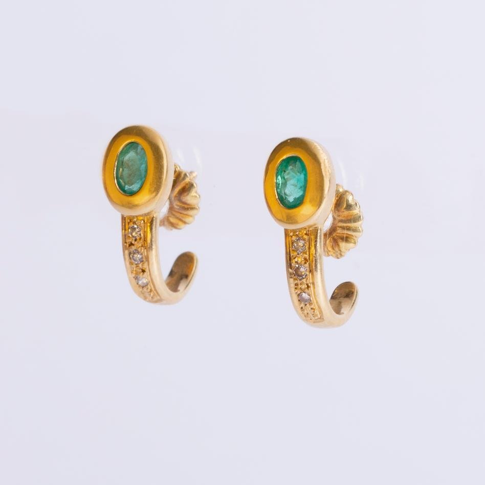 Caravanas oro 18 K amarillo, esmeralda y diamantes - Imagen 2