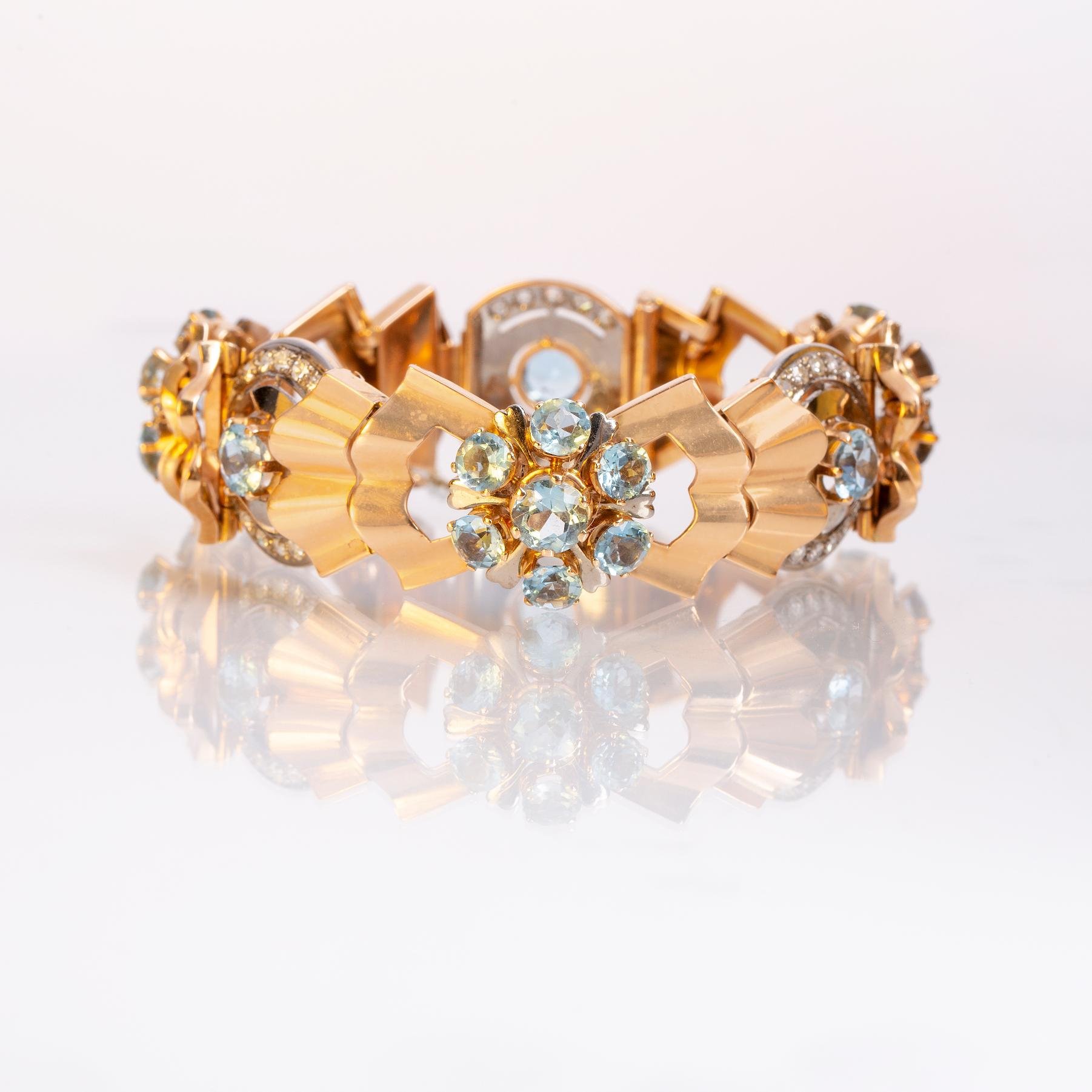 Pulsera oro 18 K amarillo y blanco, diamantes y aguamarinas