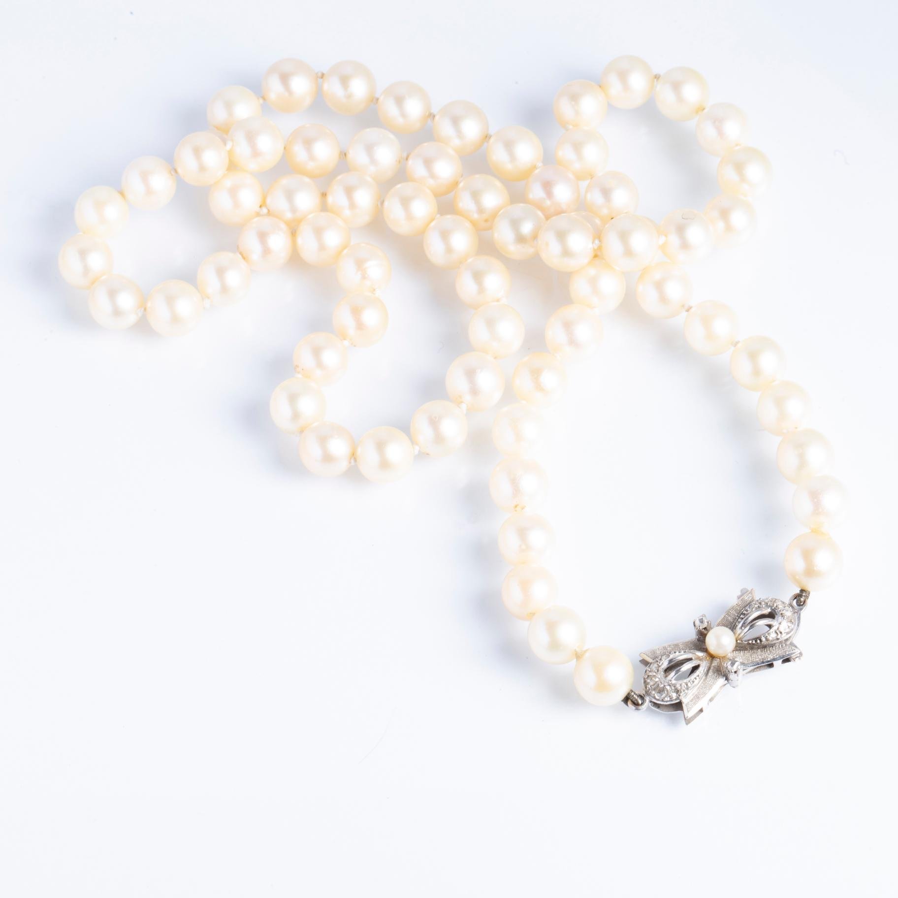 Collar perlas, oro 18 K blanco y diamantes