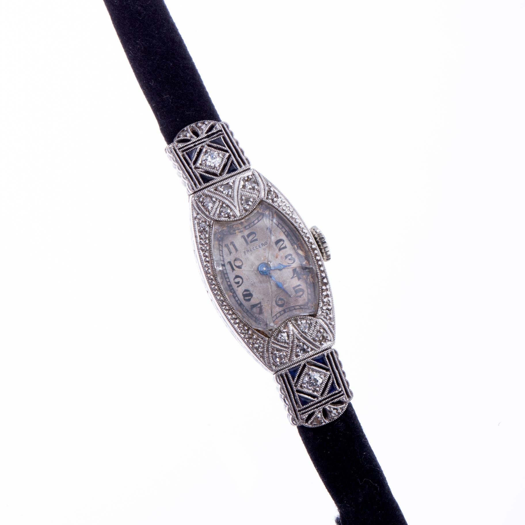 Reloj pulsera art decó en platino con diamantes y zafiros - Imagen 2