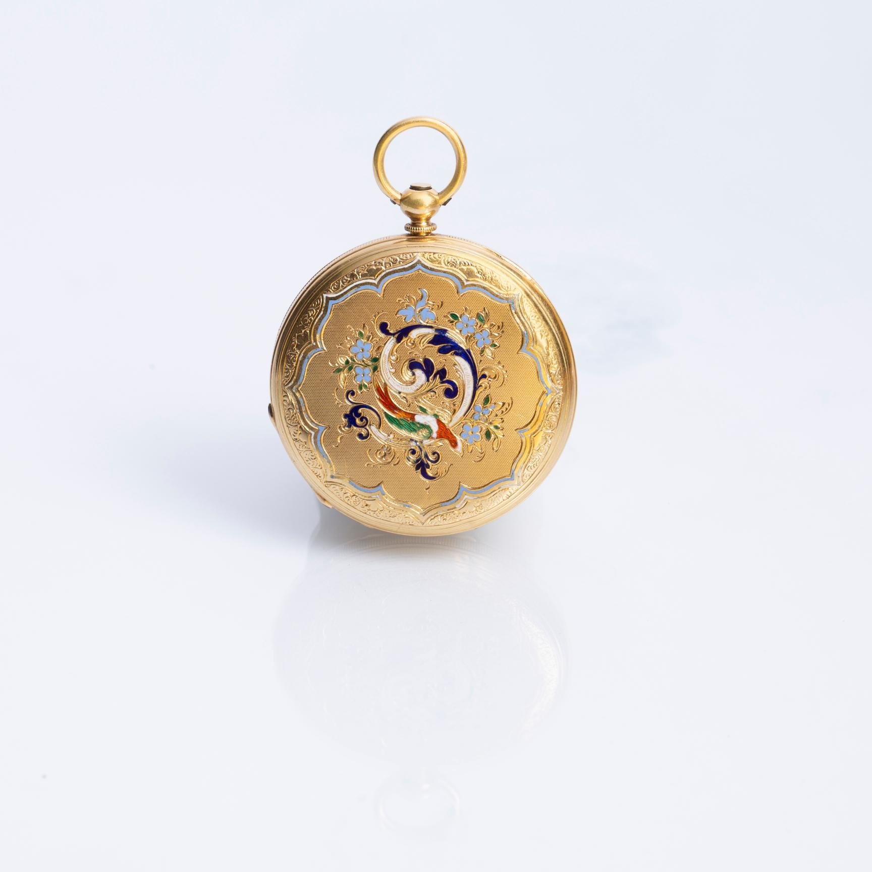 Reloj de bolsillo s. XIX en oro 18 K amarillo y esmalte