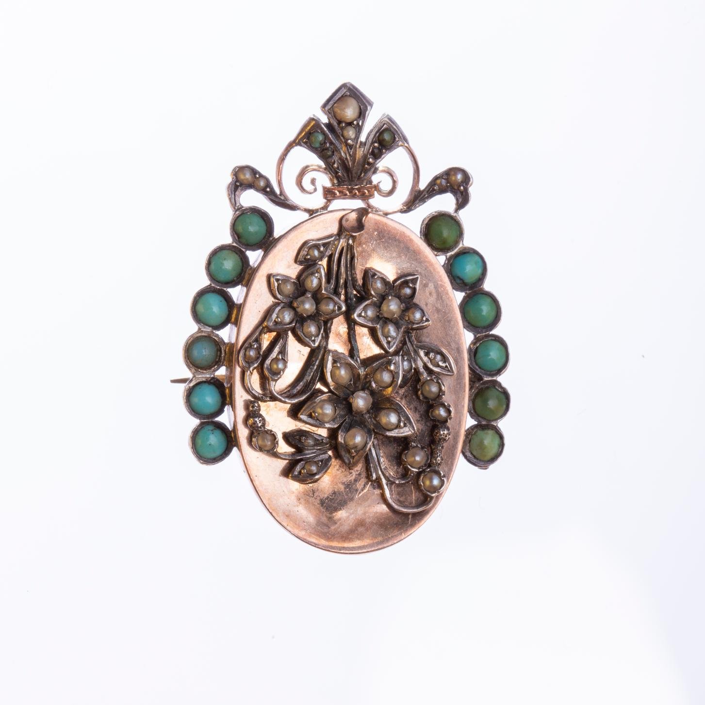 Prendedor s. XIX oro amarillo, plata, perlas y turquesas