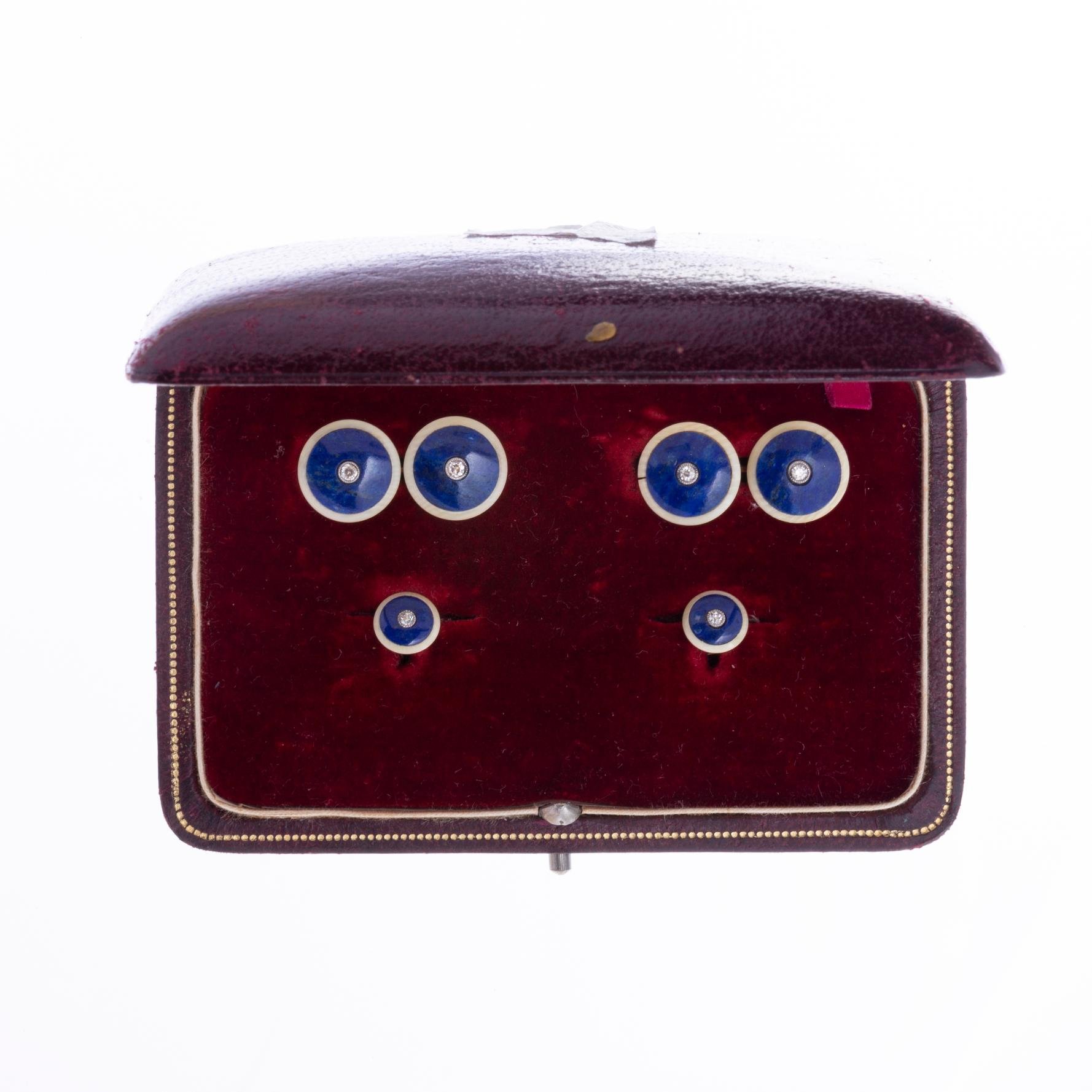 Gemelos y botones solaperos oro 18 K, lapislázuli, marfil y diamante