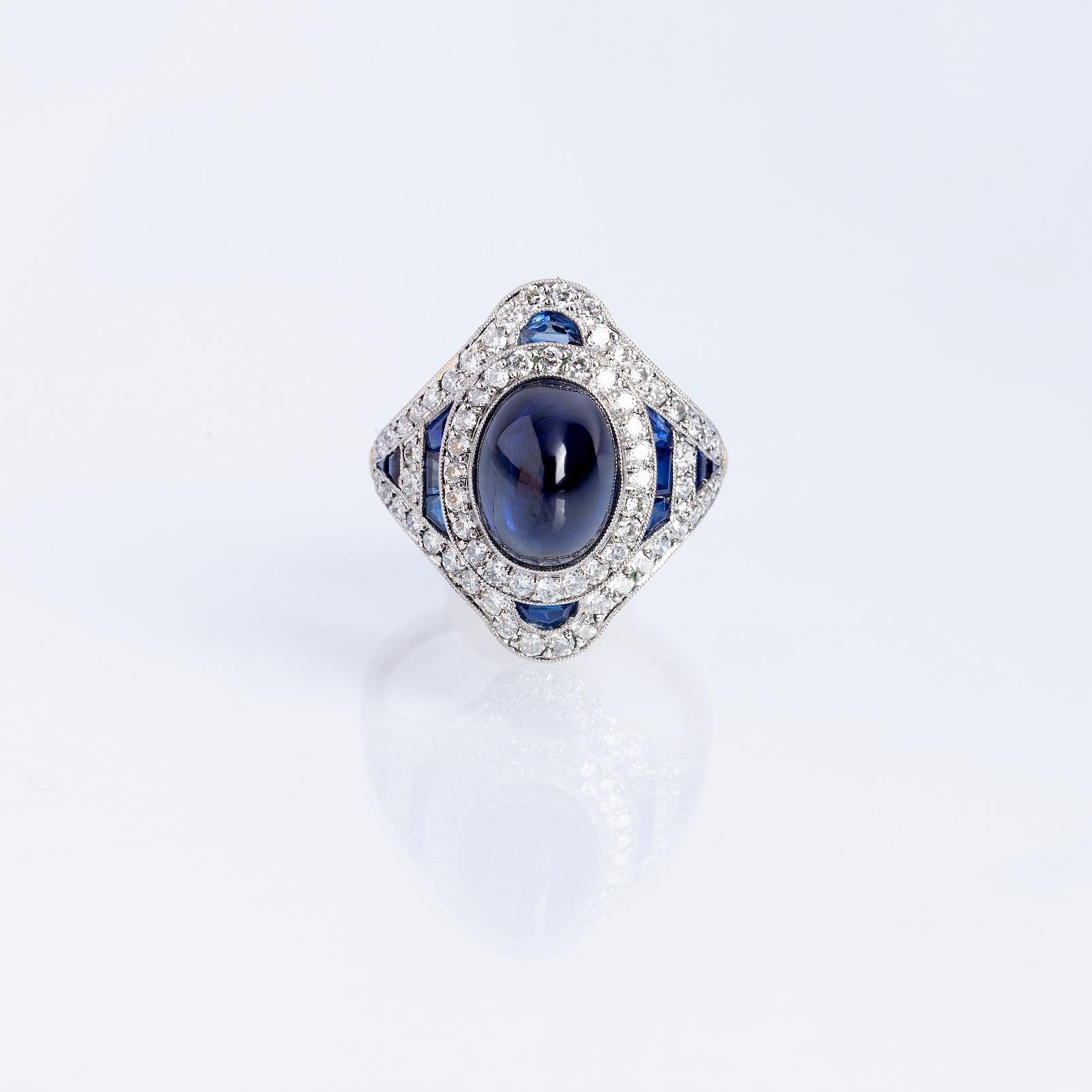 Anillo art decó oro 18 K blanco y amarillo, zafiros y diamantes - Imagen 2