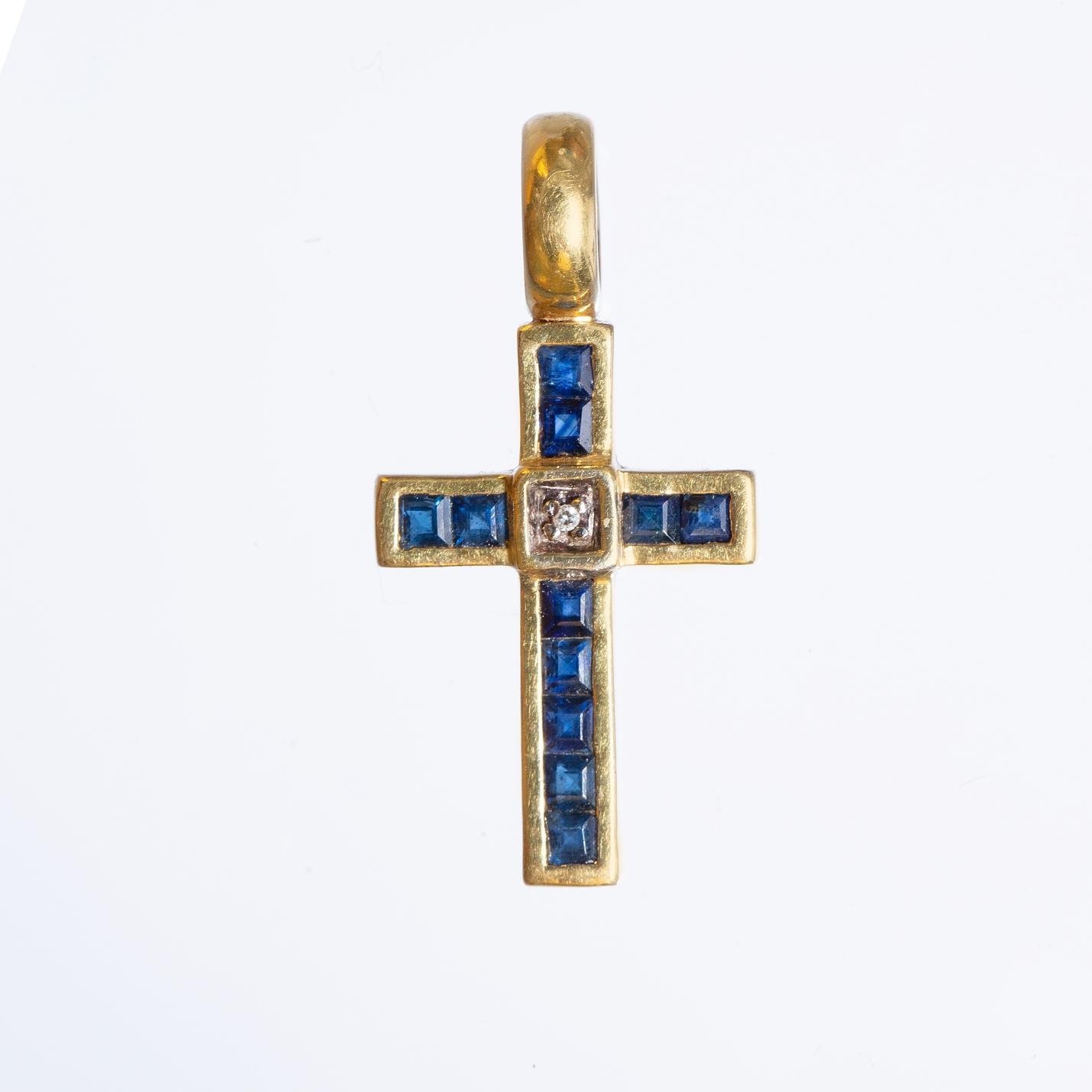 Cruz oro 18 K amarillo, diamante y zafiros