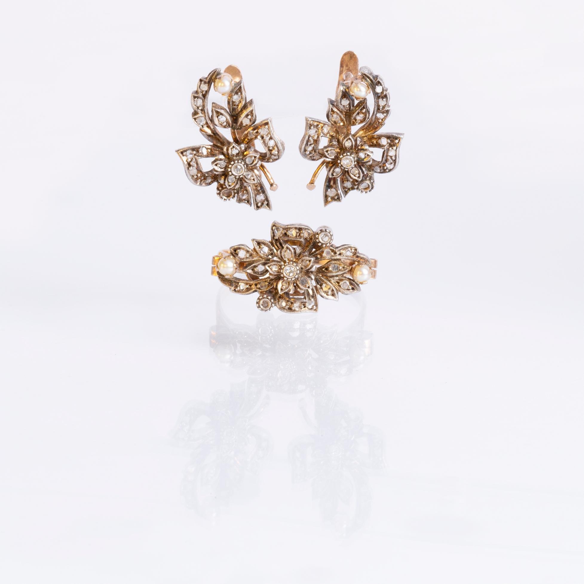 Set s. XIX oro amarillo y plata, perlas y diamantes - Imagen 2