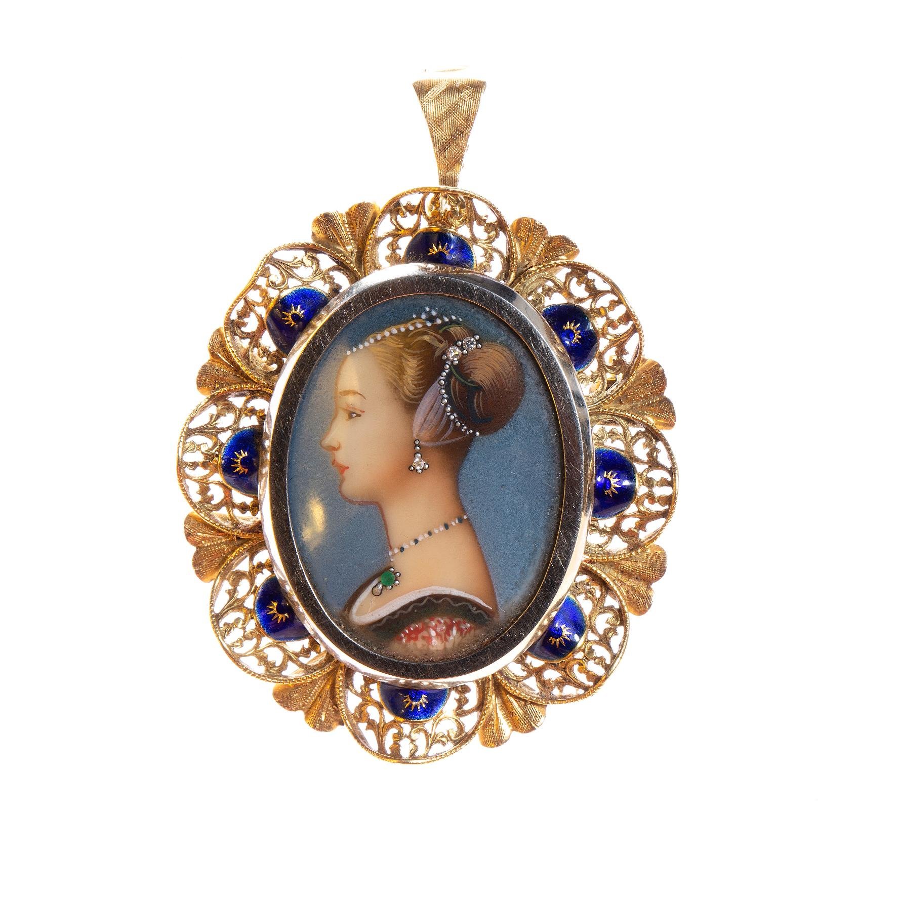 Prendedor oro 18 K amarillo con miniatura en esmalte