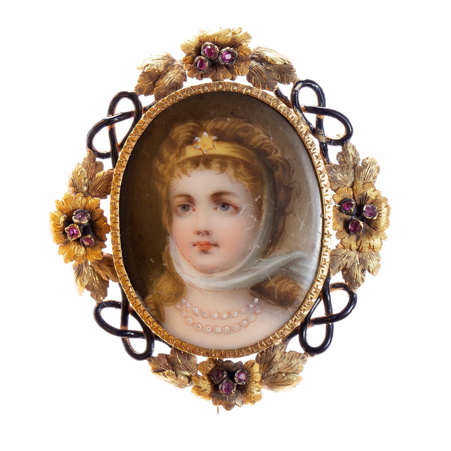 Prendedor s. XIX oro 18 K amarillo con miniatura, lapsilázuli, esmalte y rubíes