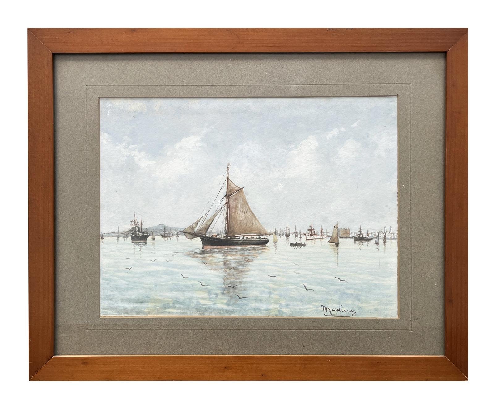 Témpera "Marina en la bahía de Montevideo"