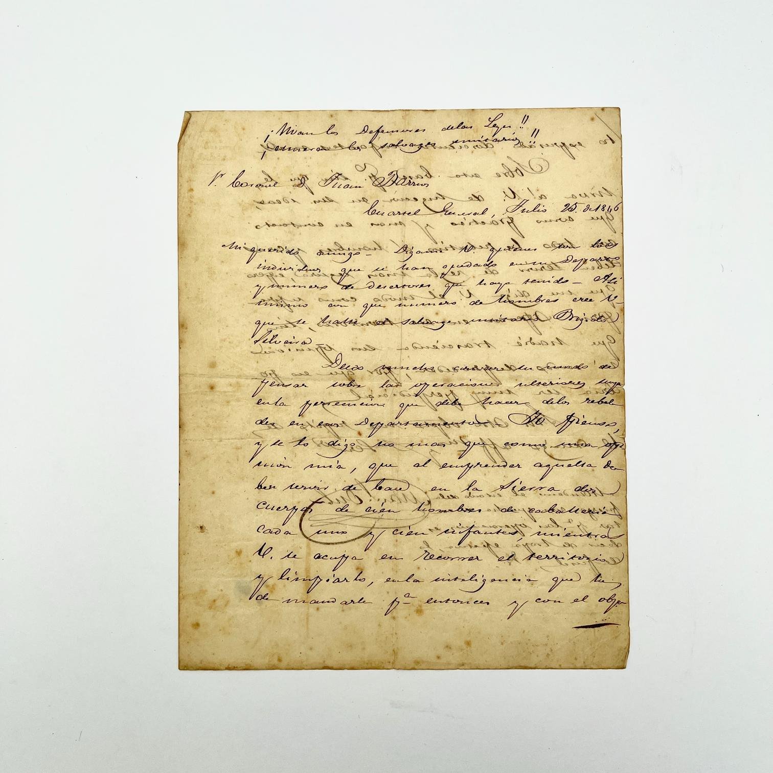 Carta manuscrita Manuel Oribe 1845