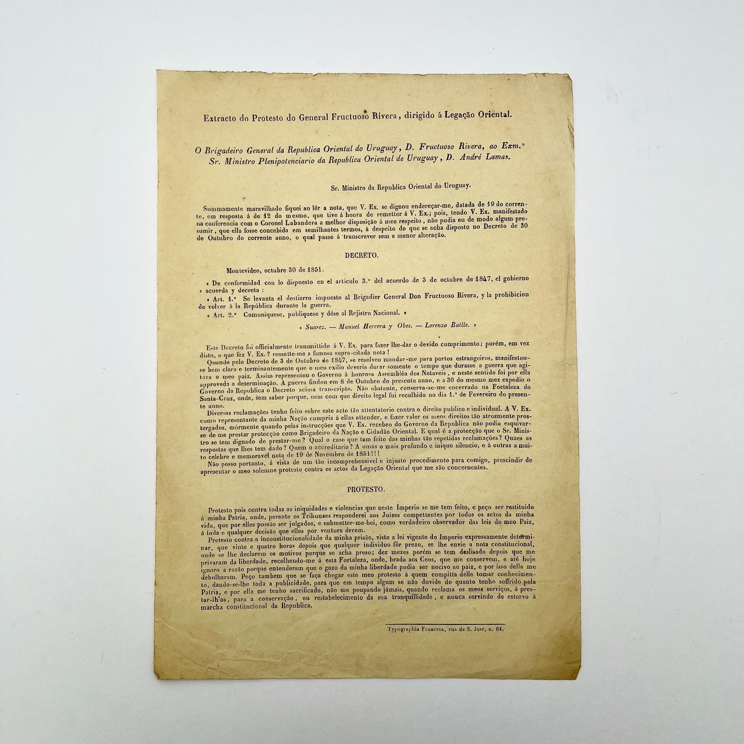 Documento Fructuoso Rivera 1851