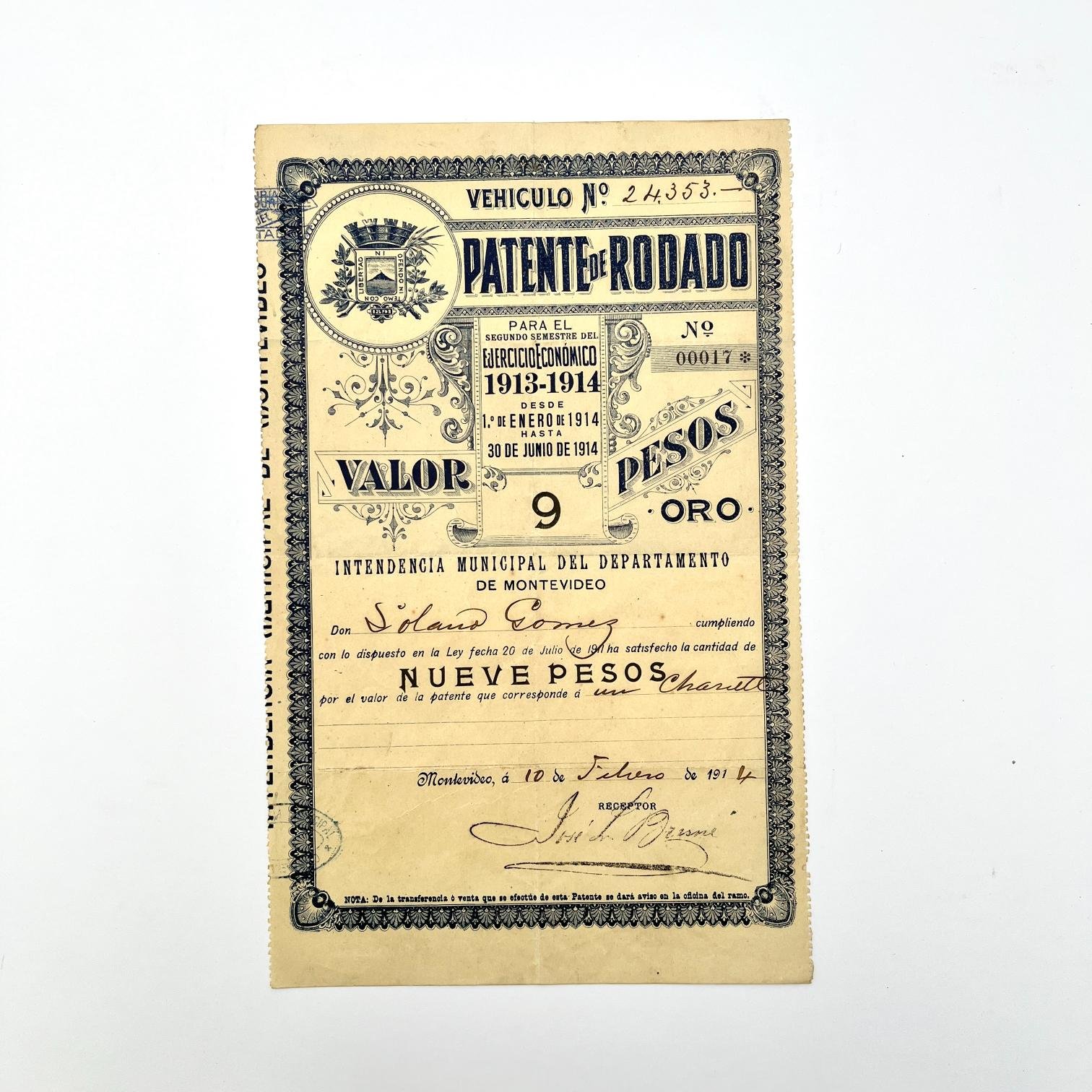 Patente de rodado 1913