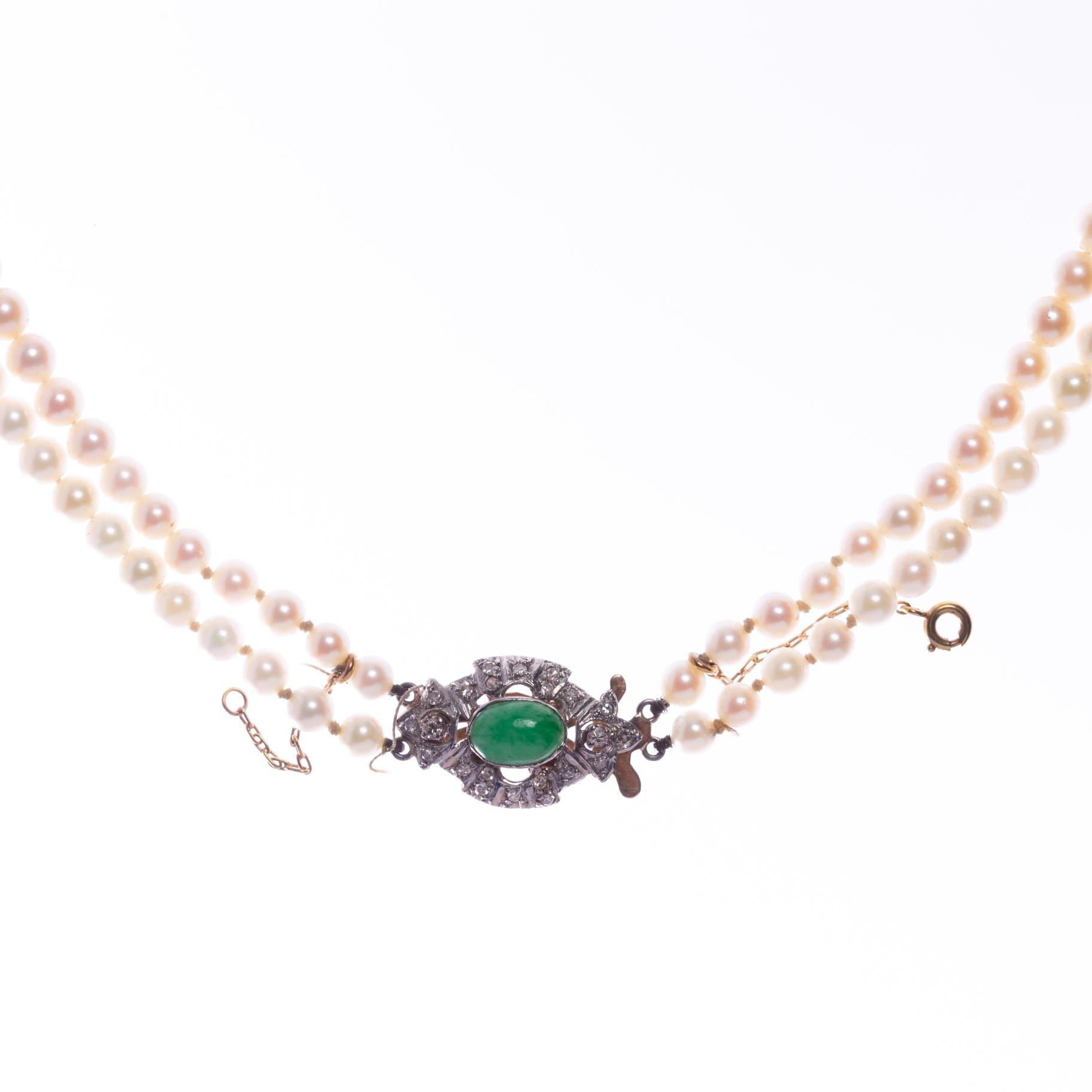 Collar de perlas, oro 18 K y jadeíta y brillantes - Imagen 2