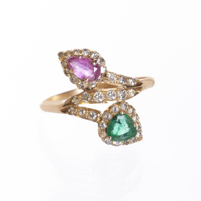 Anillo en oro 18 K con esmeralda, rubí y brillantes