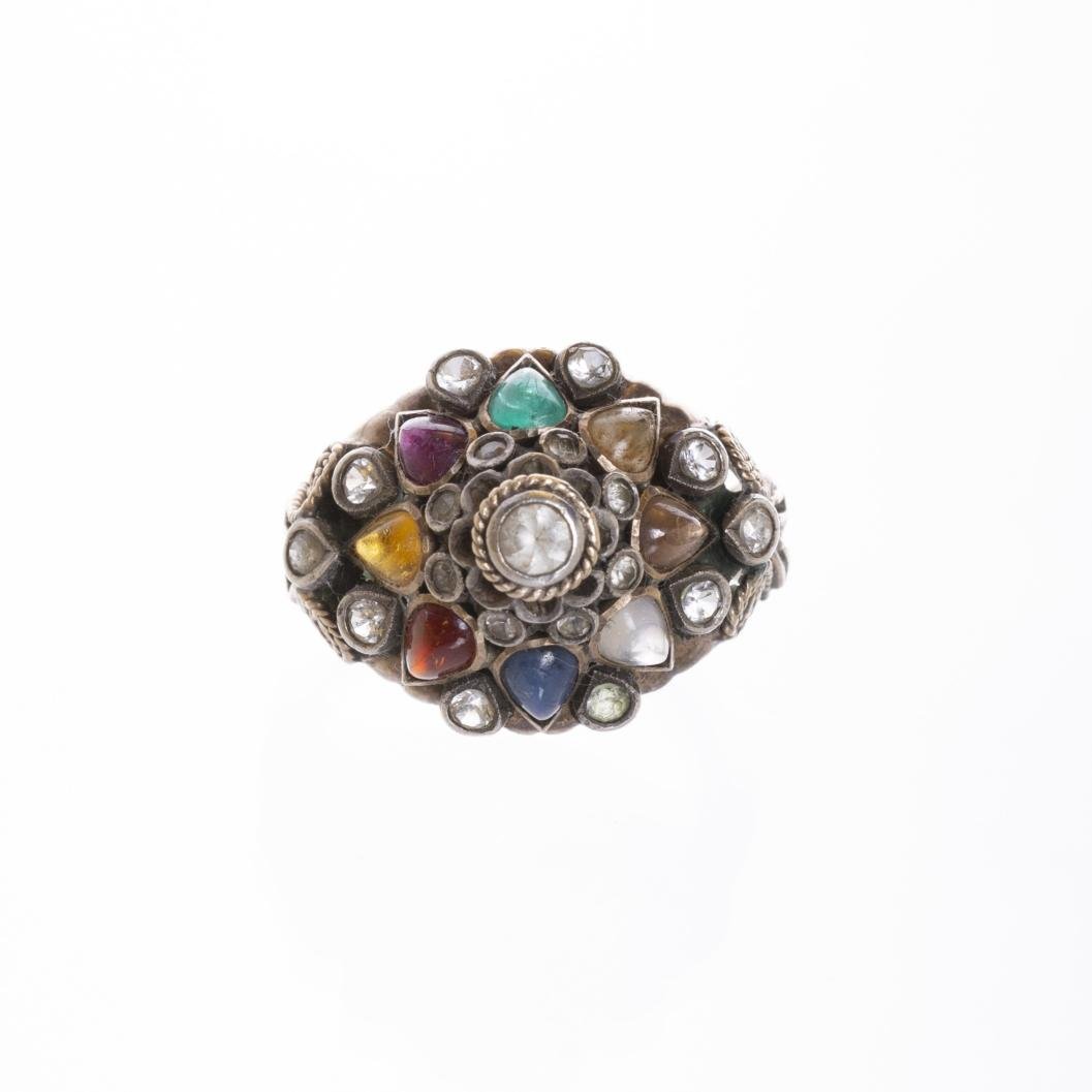 Anillo en oro, plata y piedras color