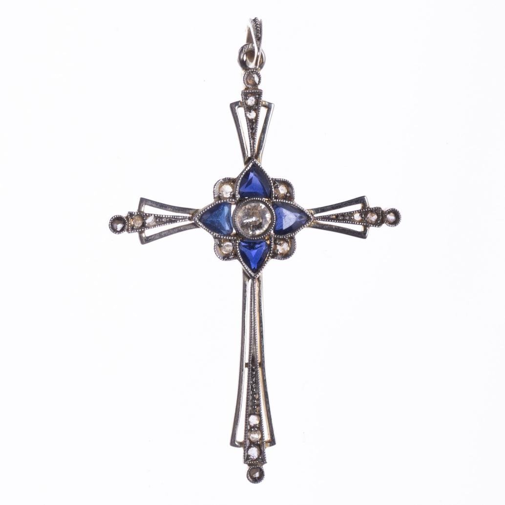 Cruz art decó en oro, zafiros, brillante y diamantes