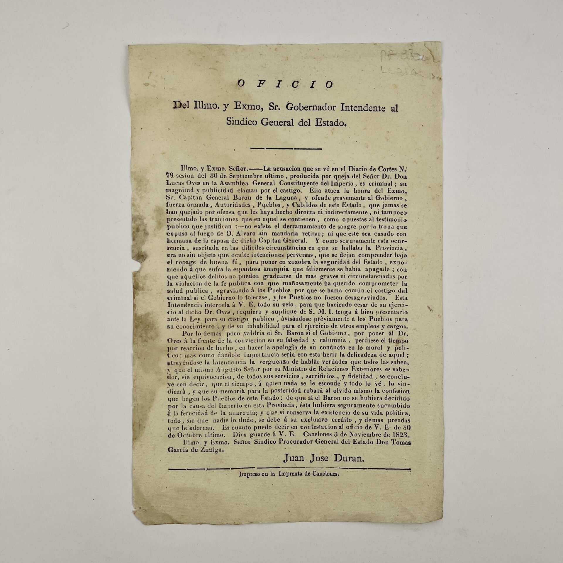 JUAN JOSÉ DURANOficio del Ilmo. y Exmo, Sr. Gobernador Intendente al Síndico General del Estado