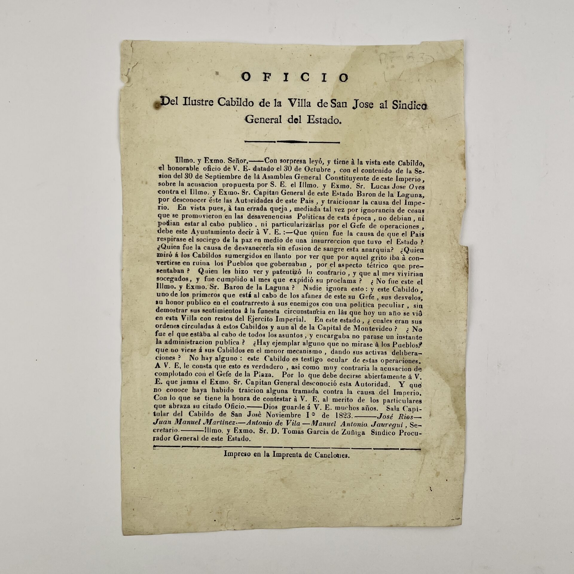 Oficio Del Ilustre Cabildo de la Villa de San José al Síndico General del Estado.