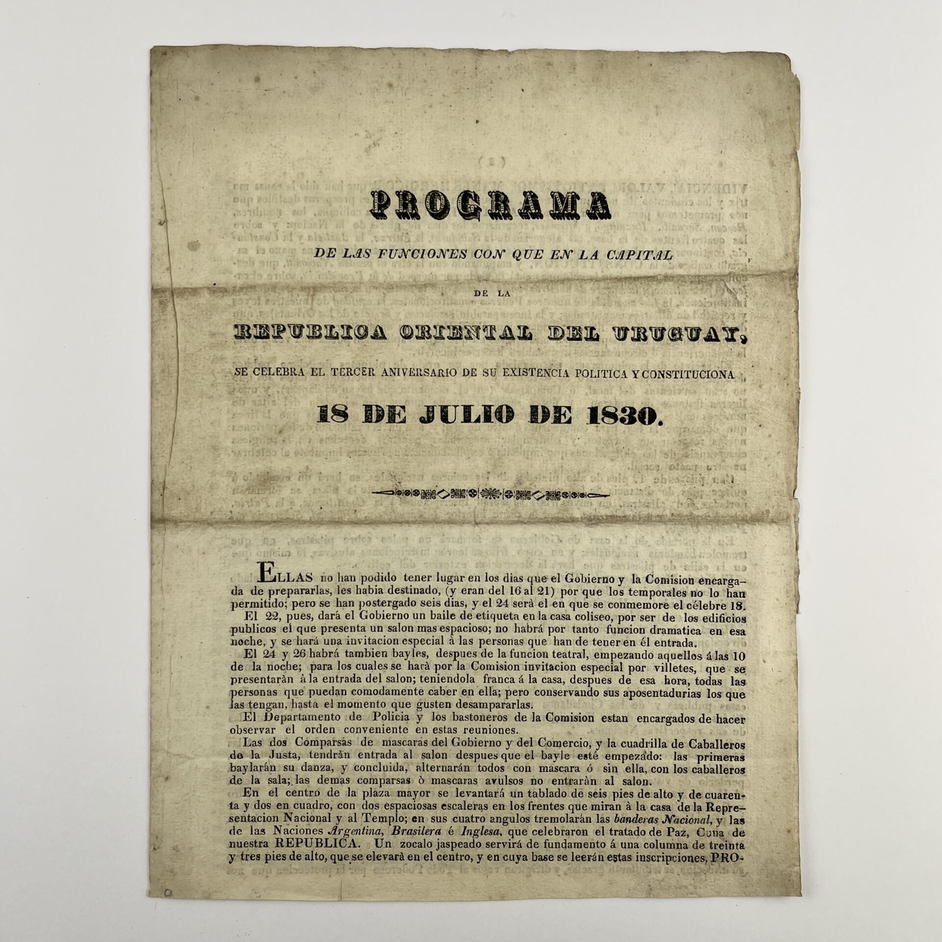 Programa de las funciones que en la Capital de la República Oriental del Uruguay, se celebra el tercer aniversario de su existencia política y constituciona (sic) 18 de Julio de 1830.