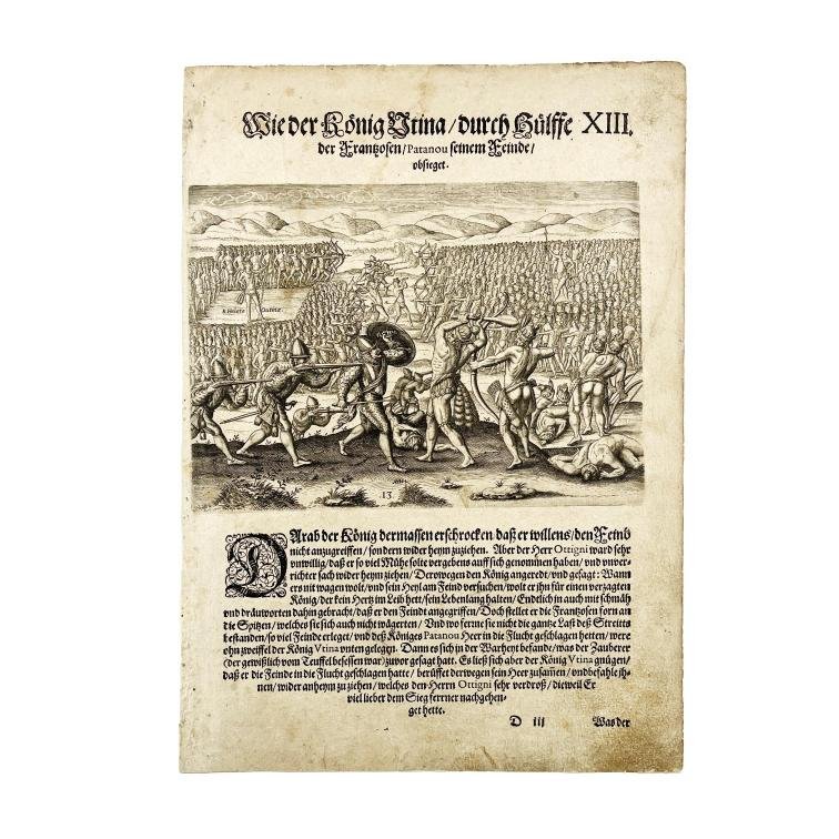 THÉODORE DE BRY. XIII. Wie der König Utina durch Hülffe der Franzosen / (Patanou) seinem Feinde / obsieget.