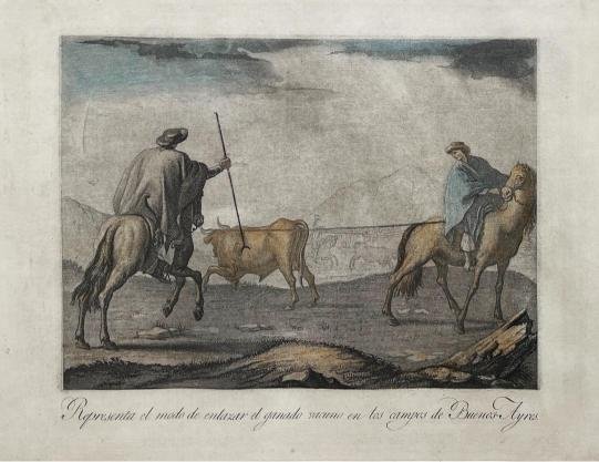 FERNANDO BRAMBILA - JUAN F. RAVENET. Representa el modo de enlazar el ganado vacuno en los campos de Buenos-Ayres.