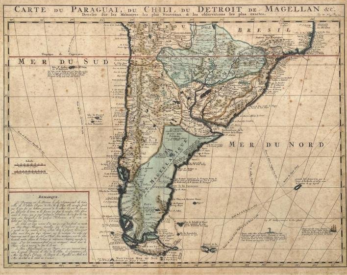 GUILLAUME DE L’ISLE; NICOLAS GUEUDEVILLE; ABRAHAM CHATELAIN. Carte du Paraguai, du Chili, du Detroit de Magellan &c.