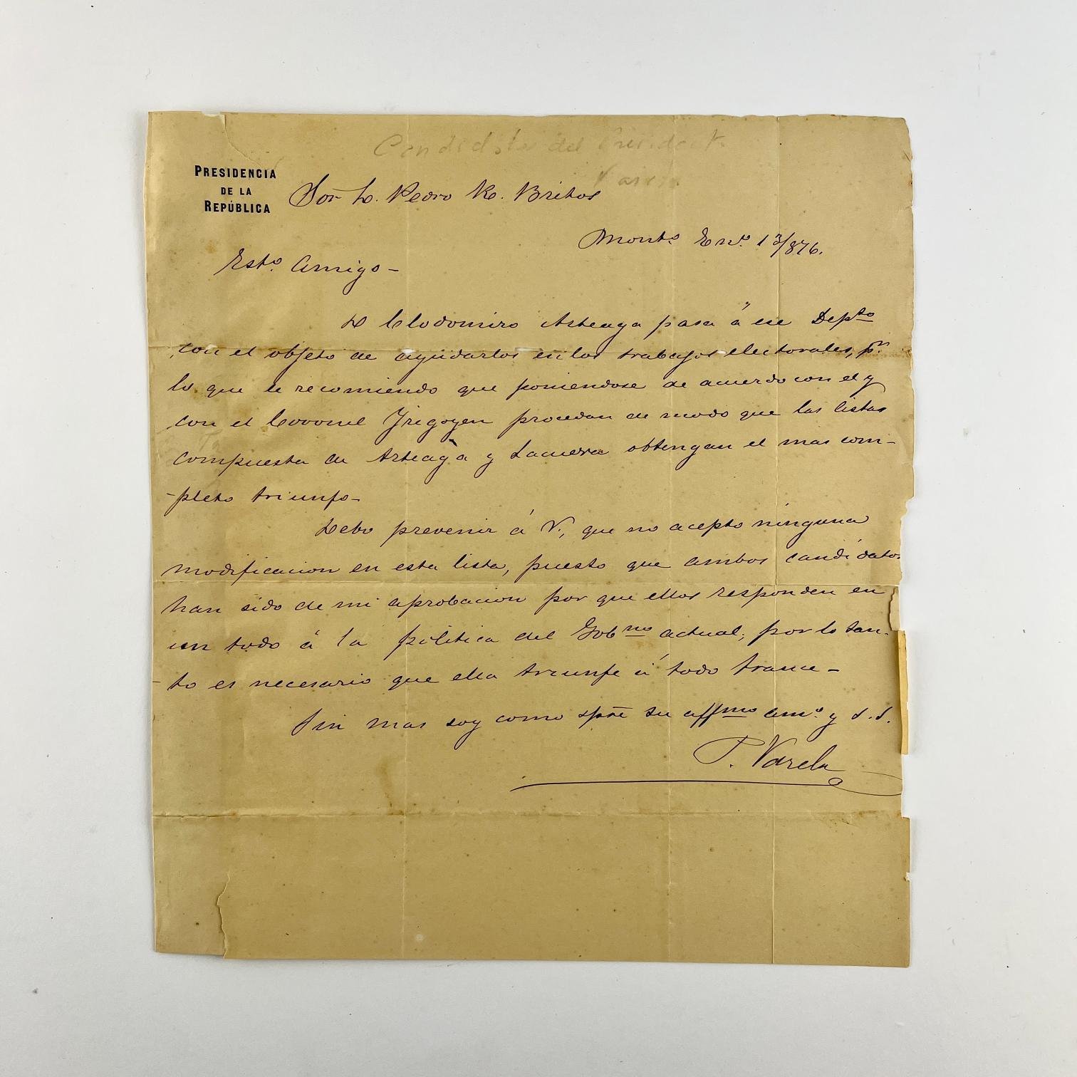 Carta manuscrita Pedro Varela