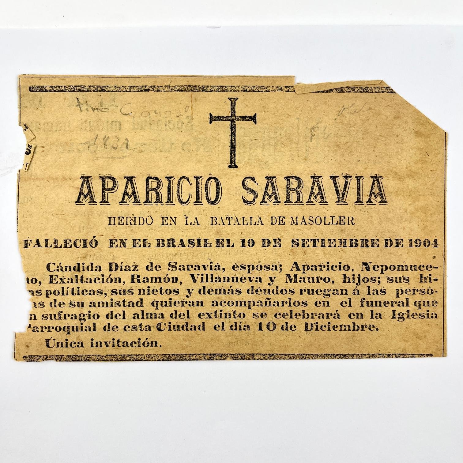 Recorte de prensa "Funeral de Aparicio Saravia"