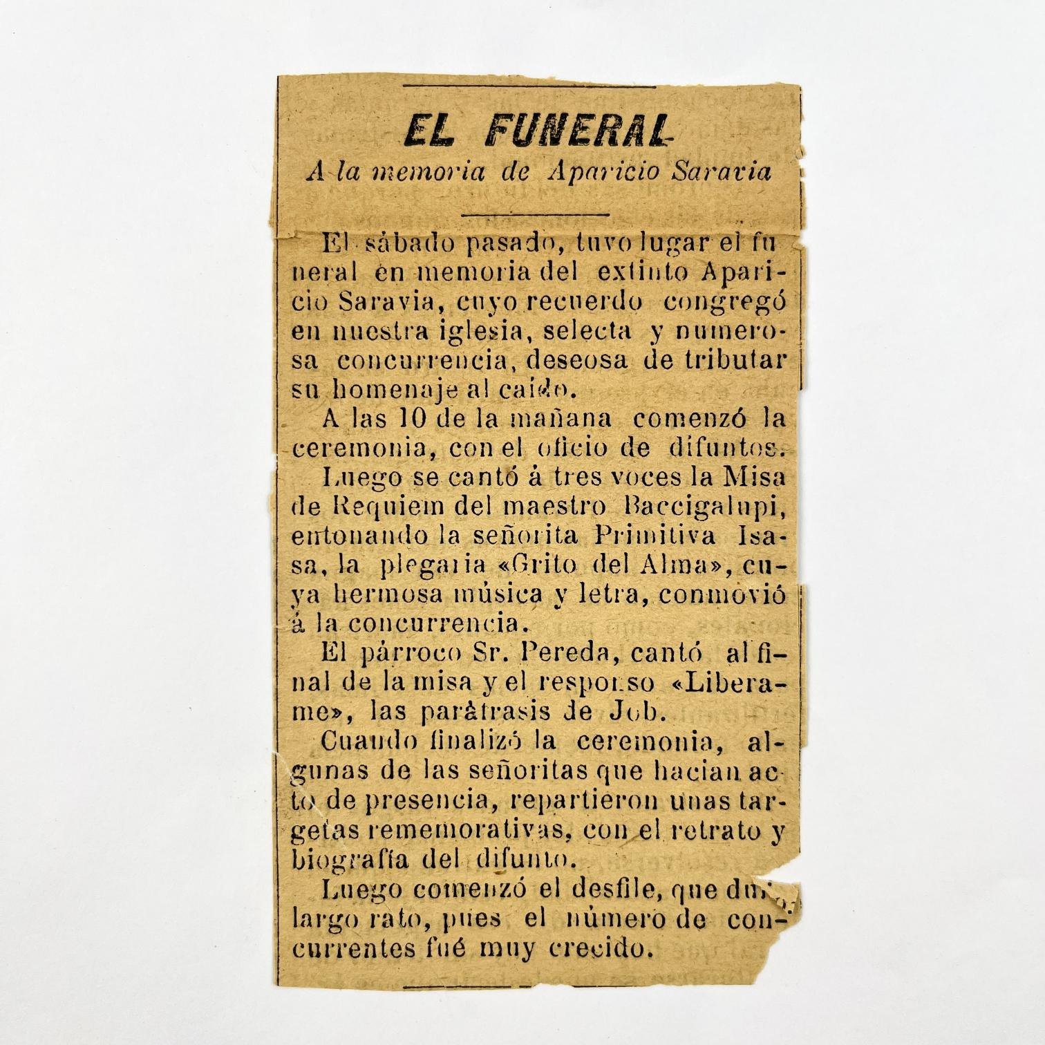 Recorte de prensa "Funeral de Aparicio Saravia"